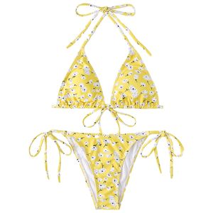Damen y Neckholder Bikini Tie Zwei Seiten Bottom Triangel Bikini Badeanzš¹ge(Gelb, L)