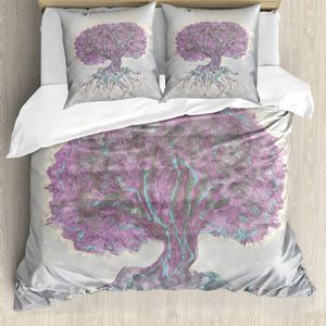 ABAKUHAUS Baum des Lebens Bettbezug, Aquarell Bohemian, Milbensicher Allergiker geeignet mit Kissenbezügen, 200 cm x 200 cm - 80 x 80 cm, grau, Lila,