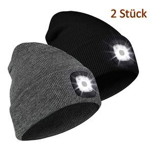 2 Stück LED Wollmütze Winter Warme Strickmütze mit Stirnlampe USB Wiederaufladbare Uni Kappe für Nachtangelsport, Weihnachtsgeschenke(grau/schwarz)