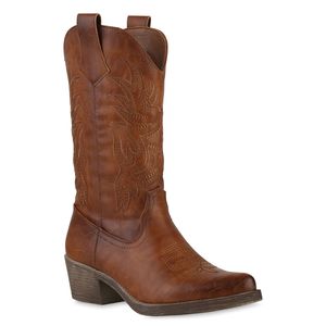 VAN HILL Damen Cowboystiefel Stiefel Spitze Stickereien Western Schuhe 840902, Farbe: Hellbraun, Größe: 41