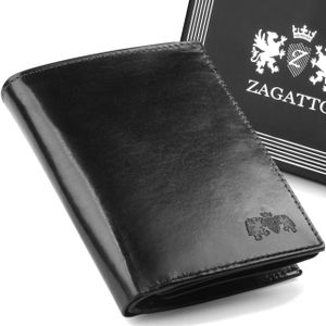 Vertikální pánská kožená peněženka SLIM, Zagatto, černá, ochrana RFID, přírodní kůže, elegantní, 12x9x1,5cm, ZG-055-BAR