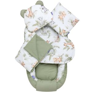 JUKKI Baby Nestchen 5tlg BAUMWOLLE SET für Neugeborene [Savanna Fun] 2seitig 100x55cm Babynest + Matratze + Decke + 2xKissen