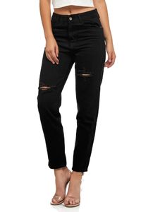 Damen Mom Jeans Denim High Waist Hose Cropped Destroyed Look - S