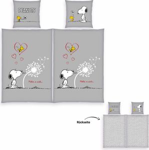 Peanuts Partner Bettwäsche mit Snoopy 4-teilig Doppelpack 80x80 + 135x200cm 100% Baumwolle mit Reißverschluss