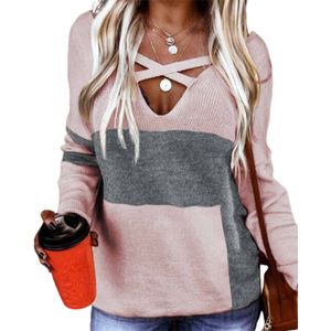 Damen Langarm Strickpullover Hohles Strick T-Shirt Top,Farbe: Rosa + Grau,Größe:M