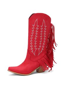 Stiefel Damen Gestickt Westlich Mit Breitkalf Cowgirl Schuhen Nicht Rutschige Quaste,Farbe:Rot,Größe:37