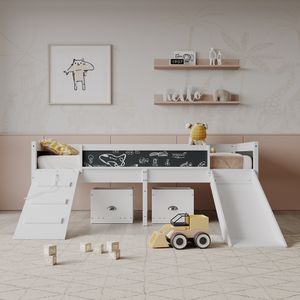 Kinderbett mit Rausfallschutz und Lattenrost, Kiefernholzbett Hochbett 90x200 cm mit 2 Schubladen und Rutsche, Weiß