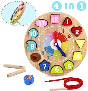 Kleiner Löwe LJSLYJ Lernuhr Holz Montessori Spielzeug Holzuhr mit Zahlen und Formen Frühes Pädagogisches Geschenk für Kinder