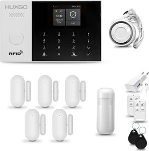 HUXGO HXA005 Alarmanlage Haus WiFi + GSM 2G mit Sirene Alarm System mit Bewegungssensor und 5x Tür- Fenstersensor, Alarmanlage für Wohnung, Haus, Garage, Tuya Smartlife App