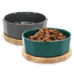 Navaris Fressnapf Futternapf Set aus Keramik - 2x Hundenapf Katzennapf Futterschale mit Unterlage aus Eichenholz - Fressnäpfe für Hunde und Katzen