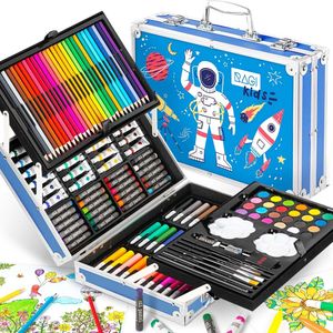RAGI 145-teiliges Malset für Kinder im blauen Malkoffer, mit Buntstiften, Aquarellfarben, Markern, Ölpastellen und Zeichenzubehör