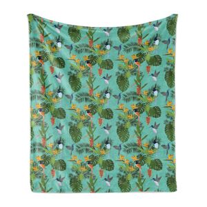 ABAKUHAUS Wendekreis Weich Flanell Fleece Decke, Hawaiian Thema tropische Pflanzen und exotische Vögel Aloha Jungle Themed, 175 x 230 cm, Türkis und Mehrfarbig