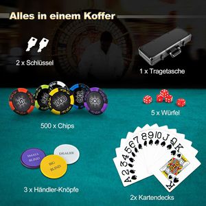 COSTWAY Pokerset mit 500 Laser-Chips, Pokerkoffer mit 2 Spielkarten, 5 Würfeln, 3 Händler-Chips &2 Schlüsseln, Aluminium Kasino Pokerkoffer abschließbar, Poker Komplett Set (500 pcs)