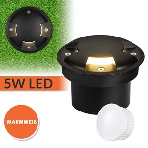 Flacher 5W LED Bodeneinbaustrahler mit 3 Lichtauslässen - schwarz - warmweiß - rund - Orientierungslicht Wegleuchte Bodenlampe