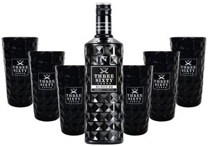 Three Sixty Black 42 Vodka 0,7l 700ml (42% Vol) + 6x Black Longdrink-Gläser eckig schwarz -[Enthält Sulfite]