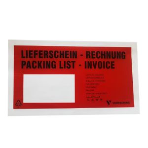 500 Lieferscheintaschen DIN Lang Rot Marke Verpacking  für Rechnungen/Lieferscheine (bedruckt)