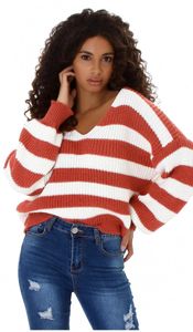 Damen Oversize Grobstrick Pullover im Streifen-Design - weiß/kastanie