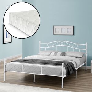 Kovová postel s matrací 180x200cm Bílý rám postele Manželská postel [en.casa]