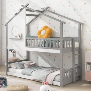 Merax Patrová postel 90x200 cm s ochranou proti vypadnutí, lamelovým rámem a pravoúhlým žebříkem, dětská postel Borovicové dřevo Dvoulůžková patrová postel Loft Bed