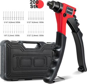 COSTWAY Nitovacie kliešte, sada nitovacích klieští vrátane 200 nitov v 4 veľkostiach, 2,4/3,2/4/4,8 mm, ručné nitovacie kliešte s puzdrom na prenášanie a 4 náustkami, odolné s ochranou rukoväte, červené + čierne