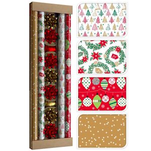Geschenkpapier für Weihnachten 13-tlg - 4 Rollen + Schleifen + Bänder - Geschenkverpackung - Weihnachtspapier - Weihnachtsgeschenkpapier Modell 4