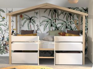 Kinderbett Hausbett mit Schubladen - Lindenholz - 90 x 190 cm - Weiß & Eichefarben - SAROSI