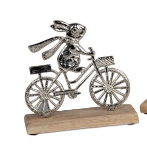 Hase auf Fahrrad | Metall auf Holzsockel | Ostern Osterhase Dekoobjekt | 18x18 cm | Zierfigur Dekofigur Figur