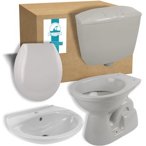 Calmwaters® - Set in Manhattan-Grau aus Stand-WC, WC-Sitz mit Absenkautomatik, Spülkasten und Waschbecken - 99000197