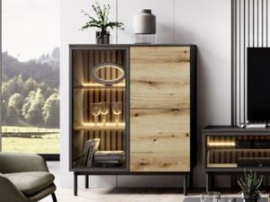 GrainGold Vitrinenschrank Loara - Vitrine mit Türen  - Vitrine mit LED-Beleuchtung, Niedrige  Schrank, Kommode mit Glas - Vitrine Holz - Eichefarbe, Schwarz