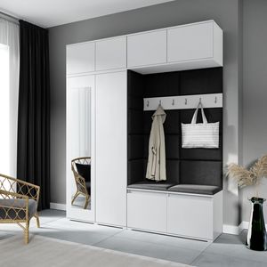 Garderoben-Set NIKOLA Kleiderschrank mit Polsterplatten, Schuhschrank und Schrankaufsatz 90 cm – Ideal für Flur und Eingangsbereich (Weiß, Trinity 16)