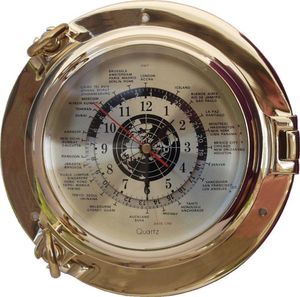 Maritime Weltzeituhr, Große Bullaugen Uhr mit Weltanzeige, Messing Ø 22 cm