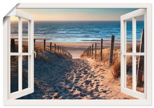 Olha Rohulya: Fensterblick - Weg zum Nordseestrand in Gold Sonnenuntergang Sonnenschein Nordholland Niederlande, Produkt:Poster, Größe (HxB):70x100 cm / Poster