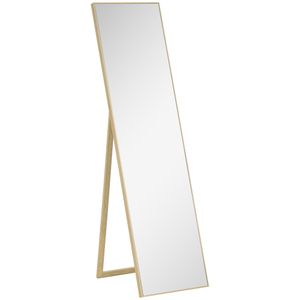HOMCOM Stojací zrcadlo, celoplošné zrcadlo sImitaceem dřeva, toaletní zrcadlo, kosmetické zrcadlo do ložnice, obývacího pokoje a předsíně, stříbrná+světle hnědá, 40 x 150 cm