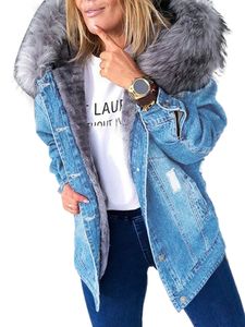 Damen Fashion Fleece Jeansjacke Mit Kapuze Winter Warm Plus Fleecejacke Mit Kunstpelzkapuze,  die einfache Denim -Outwear ist, Größe: Xl