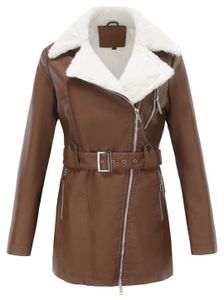 ASKSA dámská kožená bundaPolyuretanzimní kabát na zip bunda se stojáčkem v pase pásek bunda na motorku, káva, 2XL