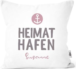 personalisierte Kissen-Hülle mit Namen Liebes-Geschenk personalisiert Heimathafen Anker Aufdruck Geschenkidee MoonWorks® weiß-rosa unisize