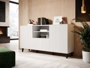 MIRJAN24 Kommode Pafos 150, Stilvoll Highboard mit 2 Türen und Schublade, Modern Wohnzimmer Sideboard (Farbe: Weiß / Schwarz Füße)