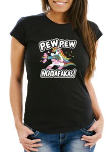 Damen T-Shirt Pew Pew Madafakas böses Einhorn Regenbogen Unicorn Slim Fit Moonworks® schwarz XXL