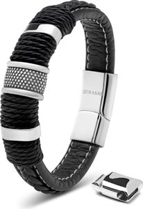 SERASAR | Premium Echtlederarmband für Männer [Ring] mit Geschenkschachtel und Edelstahl Verschluss | Farbe: Silber | Länge: 23cm