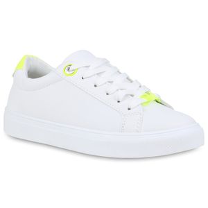 Mytrendshoe Damen Sneaker Low Freizeitschuhe Flats Schnürer 833535, Farbe: Weiß Neon Gelb, Größe: 38