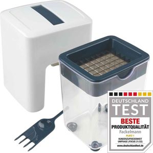 Fackelmann Stifte-Schneider Easyprepare, hochwetiger Pommes-Schneider mit großem Auffangbehälter, Stifteinsatz und Reinigungsgabel sicherer Halt durch Anti-Rutsch-Füße (Farbe: Weiß / Blau-Grau)