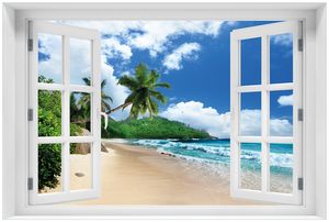 Wallario Premium Glasbild mit Fensterrahmen, freischwebende Optik, kräftige Farben, Größe 60 x 90 cm Motiv Urlaub auf den Seychellen unter Palmen am Sandstrand