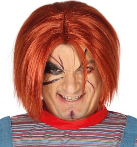 Halloween Horror Perücke Gruselfigur Rot Blutmond Kostüm Accessoire Fratze Killerpuppe Schaurig Spukpuppen Look Dunkelhexen Hexenzeit, Farbe: Orange
