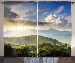 ABAKUHAUS Landhaus Rustikaler Gardine, Sonnenaufgang Woodland, Schlafzimmer Kräuselband Vorhang mit Schlaufen und Haken, 280 x 245 cm, Olive Grün Blau Gelb