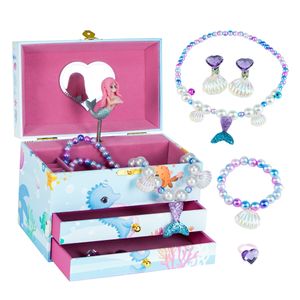 AdelDream Musik-Aufbewahrungsbox, drehbare Meerjungfrau,(5-teiliges Schmuckset) Muschel-Halskette, Armband, Ring und Ohrringe, Musik-Schmuckkästchen, Kindergeschenk