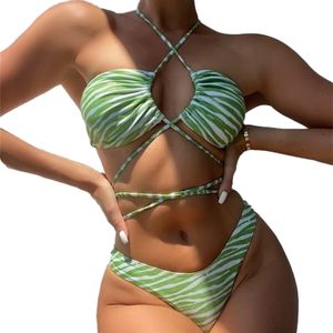 Damen y Träger Neckholder Cross Front High Cut Tanga 2 Stück Bikini Set Badeanzug,Grün,M