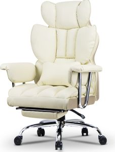 Bürostuhl mit Fußstütze - Ergonomischer Schreibtischstuhl mit Lordosenstützkissen - Großer Chefbürostuhl aus Kunstleder mit Hoher Rückenlehne - Beige