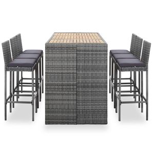 vidaXL 7-tlg. Gartenbar-Set mit Auflagen Poly Rattan Grau