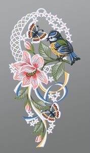 Fensterbild aus Plauener Spitze - Blaumeise mit Schmetterling und Blume  (Bx H) 19cm * 37cm mehrfarbig Fensterdekoration Fensterschmuck