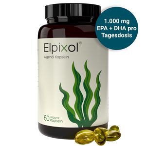 Kapsule Elpixol® Algae Oil s vysokou dávkou 1000 mg EPA a DHA | Omega-3 | Vegánske | Zdravie srdca | Funkcia mozgu | Zápal | Bez rybej príchute | Aj pre tehotné ženy a deti*